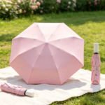 Solid Pink 8-Rib UV-Protection Folding Umbrella