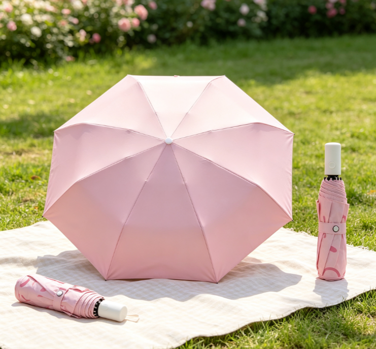 12 Solid Pink 8-Rib UV-Protection Folding Umbrella - Image 1