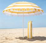 Yellow & White Striped Beach Umbrella with Scalloped Edges – Portable Sunshade (Storage Bag Included)