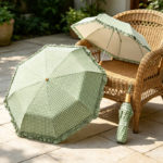 Forest-Style Green Plaid Sun Umbrella with Ruffled Trim – UV-Blocking Parasol for Sunny & Rainy Days