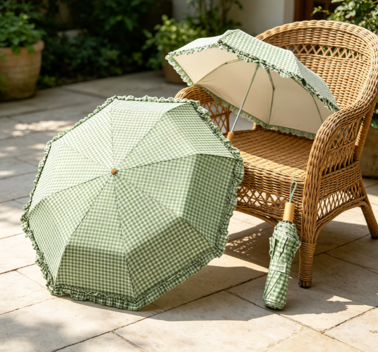 14 Forest-Style Green Plaid Sun Umbrella with Ruffled Trim – UV-Blocking Parasol for Sunny & Rainy Days - Image 1