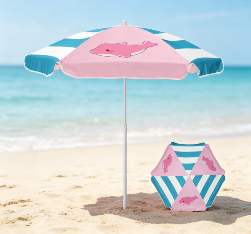 15 Kids' Pink Dolphin Cartoon Print Beach Umbrella (Storage Bag Included) - Image 1