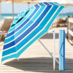 Blue & White Striped Beach Umbrella – Tilt-Adjustable Sunshade with Carry Bag