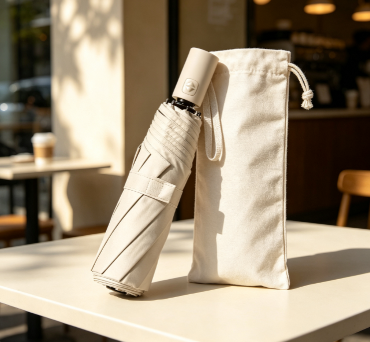 2 Fully Automatic Folding Umbrella – Beige Portable UV-Resistant Sun/Rain Umbrella - Image 1
