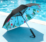 Long-Handle Sun Umbrella with Built-in Fan – Tropical Print Black-Coated UV-Blocking Umbrella (Sun & Rain)