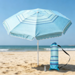 Light Blue Geometric Print Beach Umbrella – Portable Scalloped-Edge Sunshade