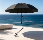Black Clip-On Beach Umbrella – Adjustable Sunshade for Beach Chairs and Balconies