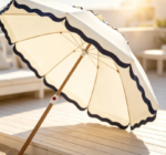 Cream and Navy Scalloped-Edge Wooden Beach Umbrella – Vintage-Style Outdoor Parasol