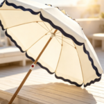 Cream and Navy Scalloped-Edge Wooden Beach Umbrella – Vintage-Style Outdoor Parasol