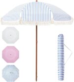 Vintage-Style Striped Patio Umbrella with Tassels – Outdoor Center-Pole Shade for Pools & Gardens - Image 2