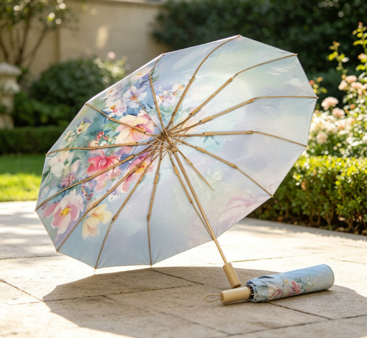 8 Oil Painting Floral Style 16-Rib Vintage Folding Parasol - Image 1