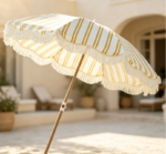 Beige & Gold Striped Beach Parasol with Tassels