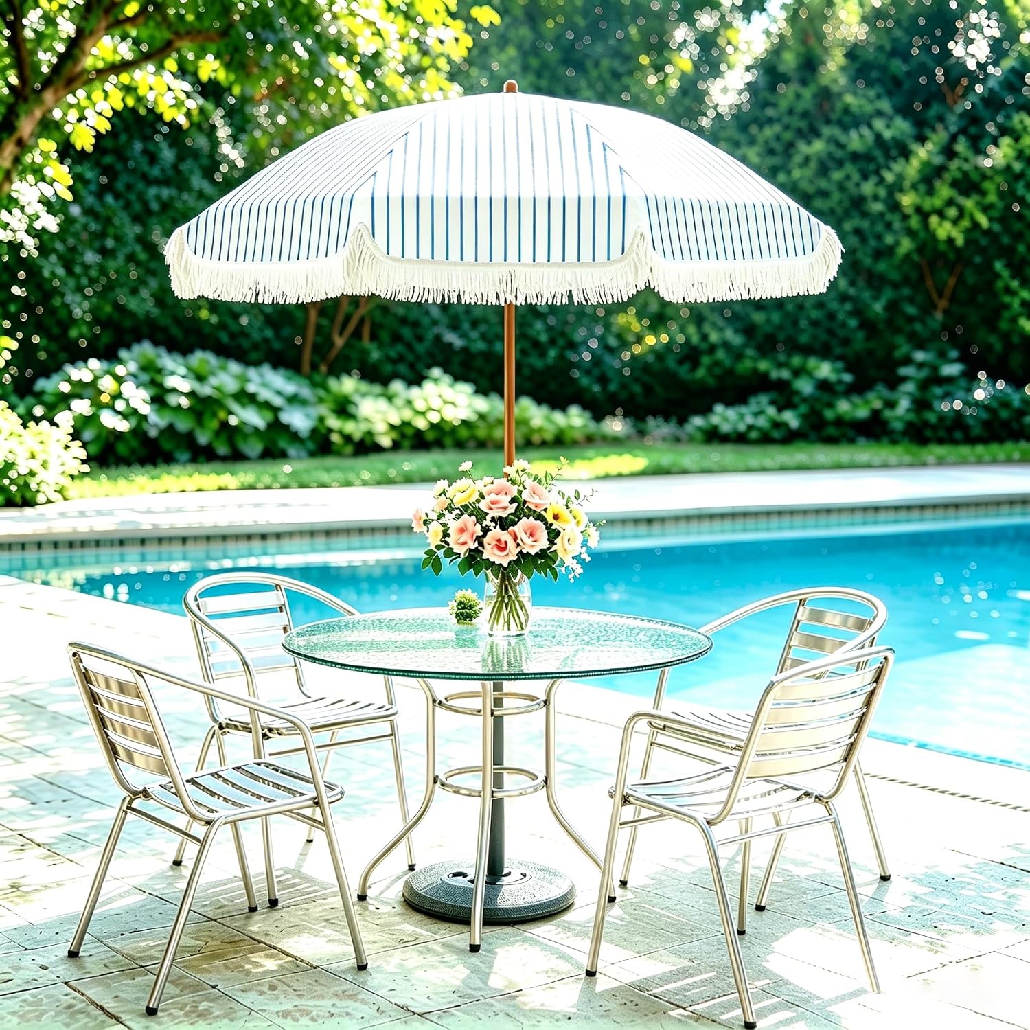 91Ury1V8boL._AC_SL1500_.jpg Vintage-Style Striped Patio Umbrella with Tassels – Outdoor Center-Pole Shade for Pools & Gardens - Image 1